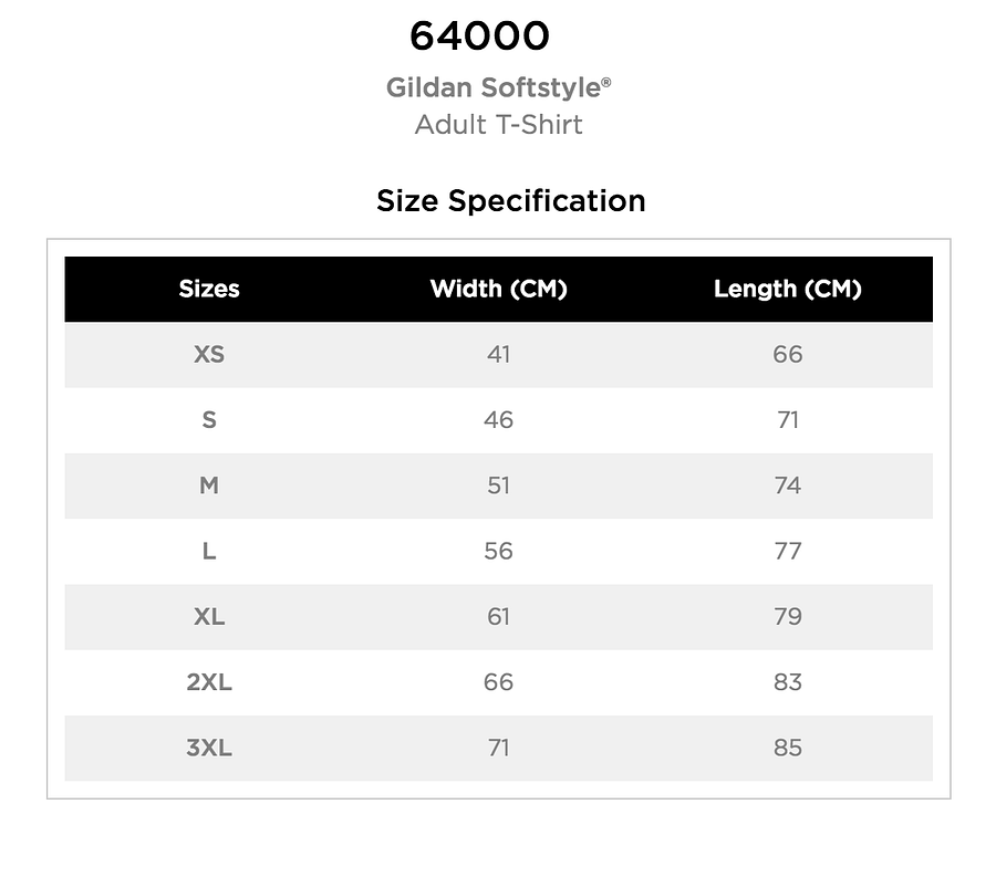 Gildan 64000 Softstyle Sizechart